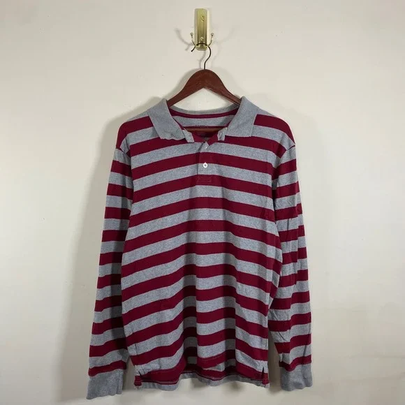 Old Navy Striped Rugby Shirt Men's Large Cotton Red Gray Sporty Casual Preppy - Picture 1 of 6